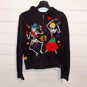Lucky Brand Day of the Dead Skeleton Party Zip-Up Hoodie, Black, Size Small –